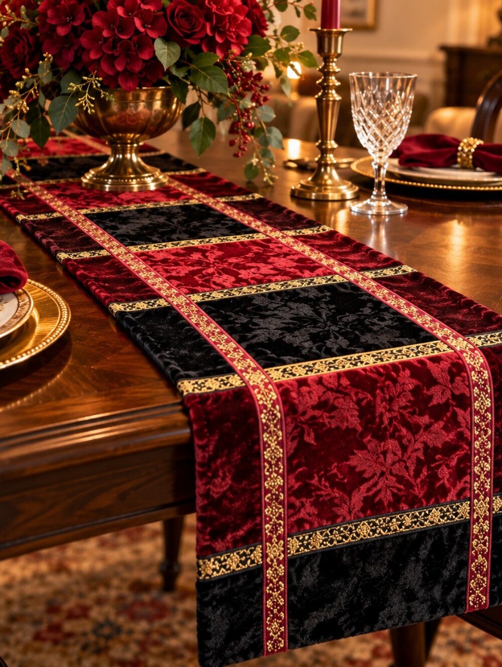 Vintage Burgundy Black Rayon Velvet Patchwork Table Runner Gold Trim 60”